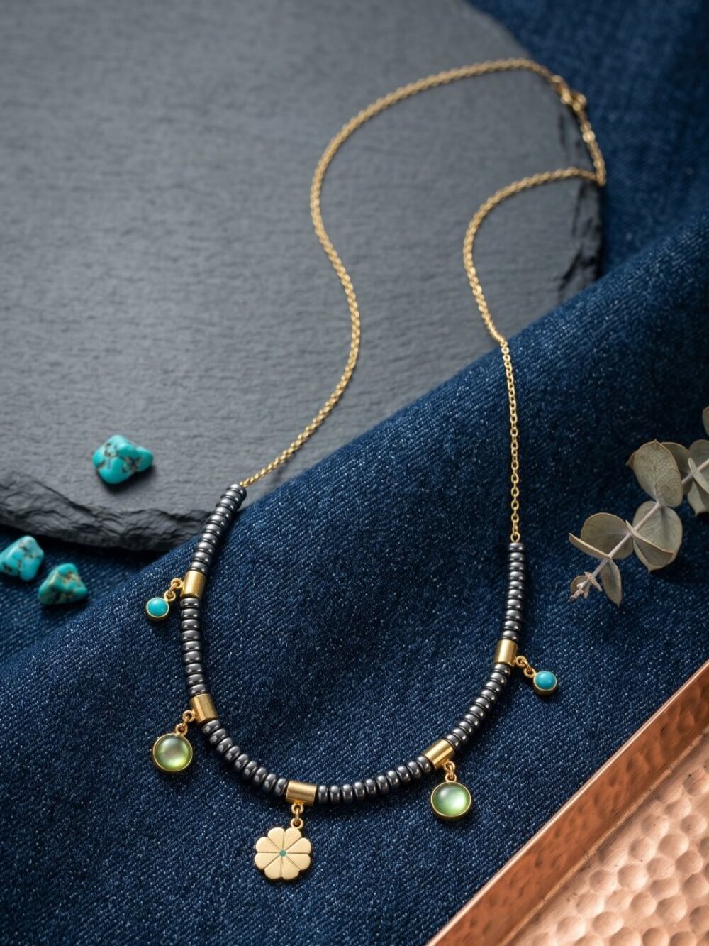 Turquoise Hematite Beaded Necklace 18K Gold Boho Coastal Cowgirl Southwestern